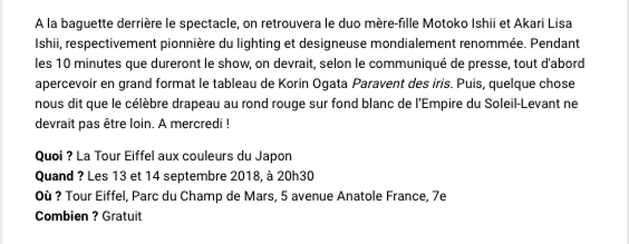 Timeout Cette semaine, la Tour Eiffel brillera aux couleurs du Japon