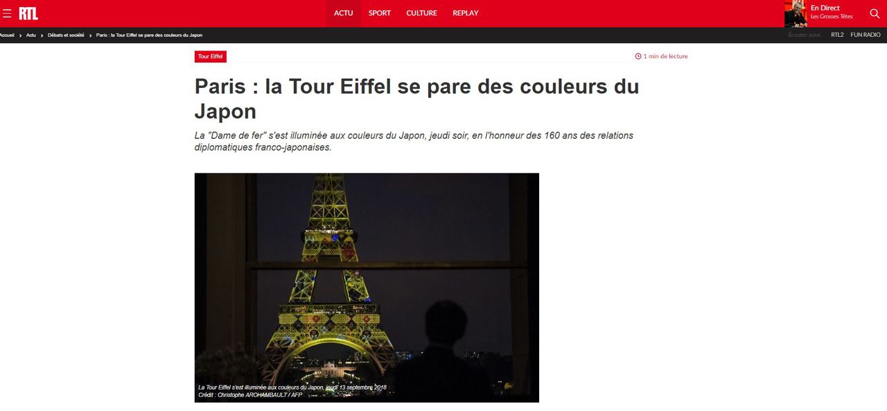 RTL Paris : la Tour Eiffel se pare des couleurs du Japon