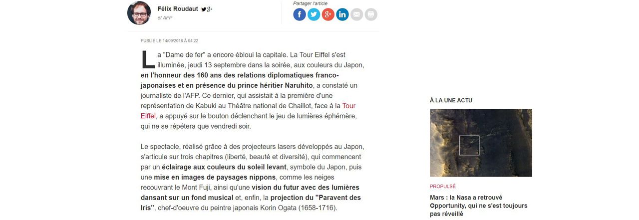 RTL Paris : la Tour Eiffel se pare des couleurs du Japon