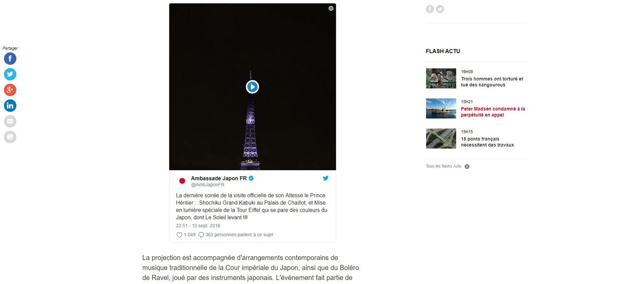 RTL Paris : la Tour Eiffel se pare des couleurs du Japon